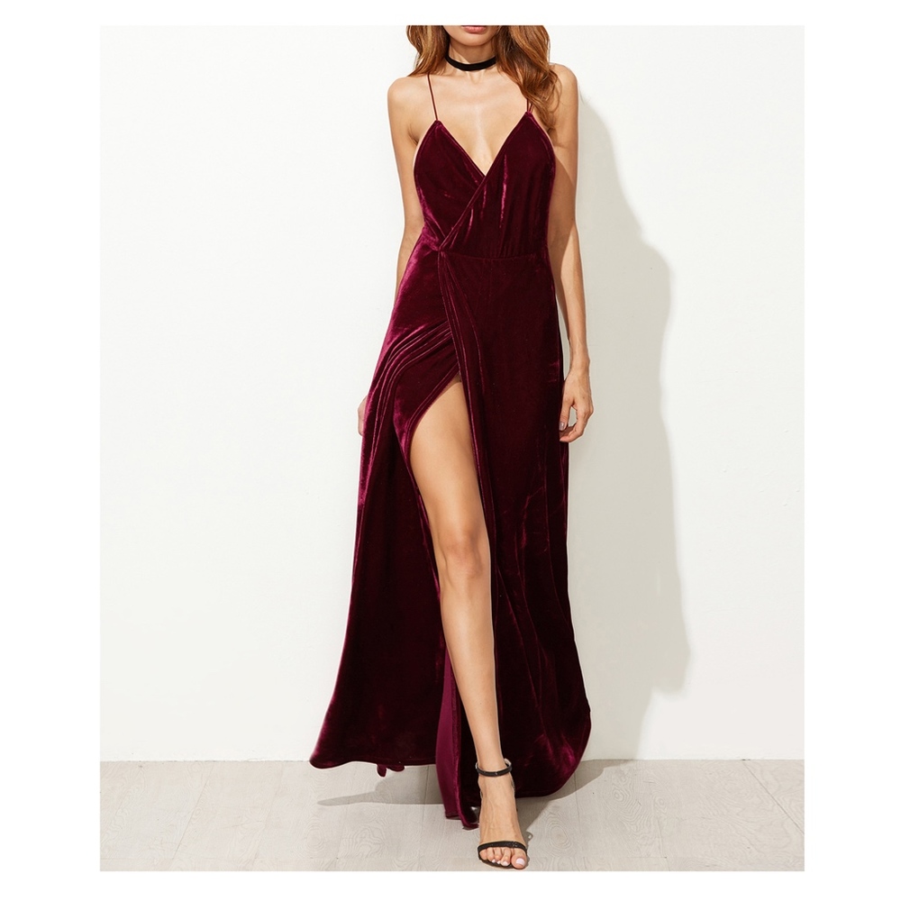 Burgundy Red Strappy Backless Velvet Wrap Dress - Picture 2 of 8